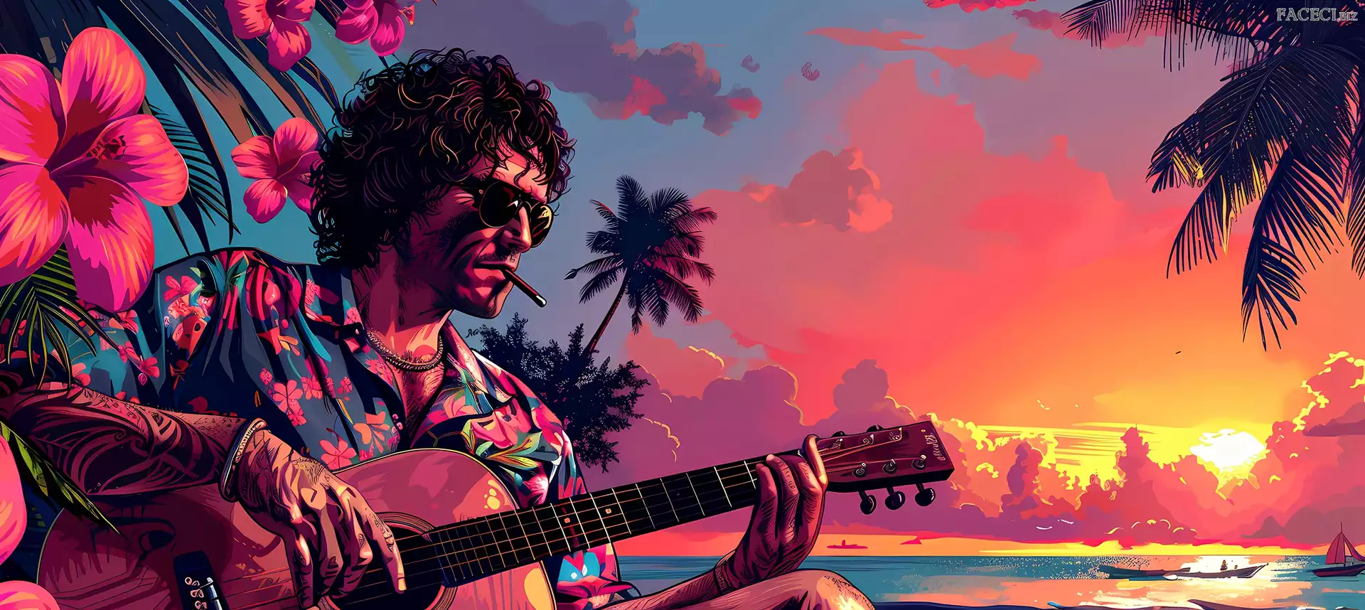 Zachód słońca, Morze, Grafika AI, Mężczyzna, Gitara